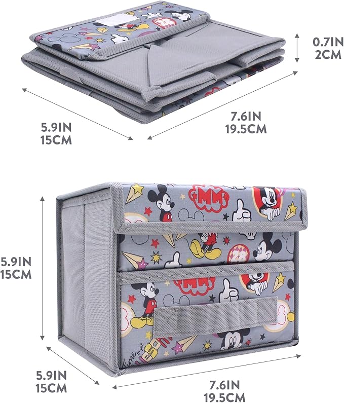 Finex Foldable Collapsible Storage Organizer Box for Desk with Flip Top Lid & Removable Drawer - Gray Mickey