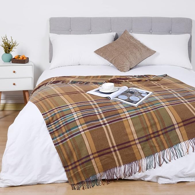 David's Home Buffalo Plaid Throw Blanket- Soft and Lightweight Tartan Herringbone Fringe Blanket for Couch Sofa-Outdoor Lap Throw with Decorative Tassels,50x60 Inches-Pumpking Orange