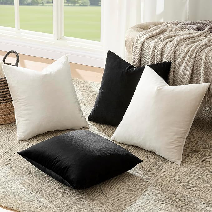 GIGIZAZA Decorative Velvet Pillow Covers - 16x16 Throw Pillows Soft Black Beige Covers Accent for Couch Living Room Bed Square Modern Luxury Cushion Covers Home Decor Set of 4