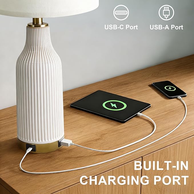24.5" Modern 3-Way Dimmable Touch Control with 5FT Cord & USB A+C Ceramic Lamps Set of 2 Table Lamp for Living Room Bedroom Farmhouse Nightstand Bedside White