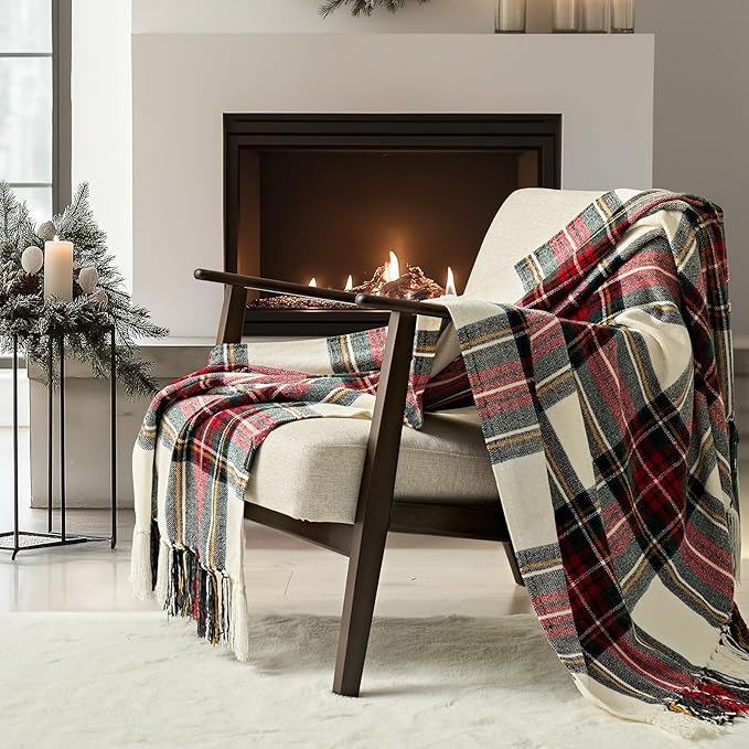 EverGrace Stewart Christmas Plaid Chenille Throw Blanket for Couch, Super Soft Cozy Tartan Checkered Throw Blanket with Tassels, Lightweight Plush Chenille Knit Throw for Christmas Decor, 50”x60”