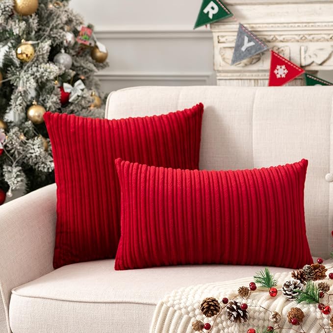 UGASA Pack of 2 Christmas Velvet Pillow Covers Striped, Soft Textured Throw Cushion Accent Corduroy Lumbar Hidden Zipper for Home Decor Indoor (12"x20", Burgundy)