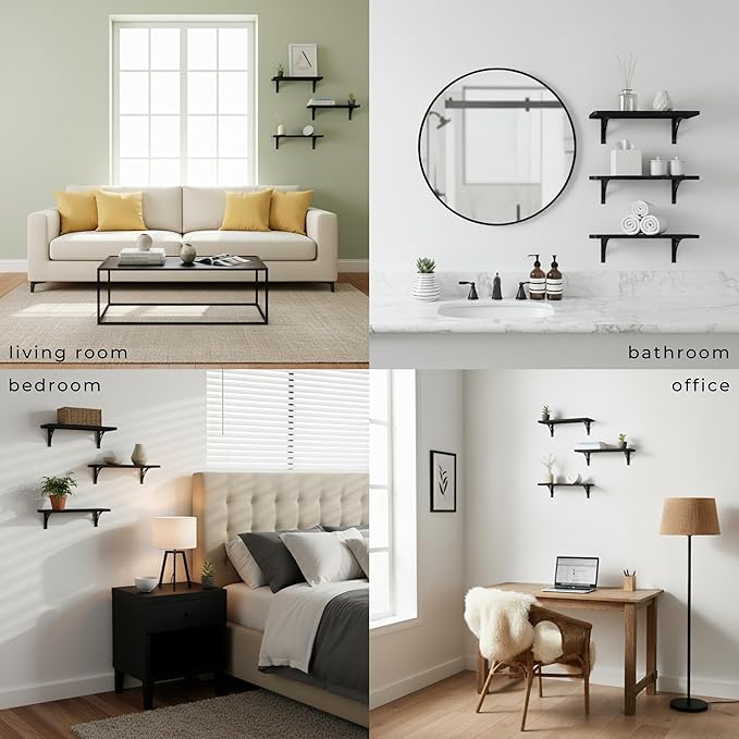 Willowy Reinforced Steel Bracket Black Wall Shelves for Bedroom - Easy to Install, Template and Video Included - Long Black Wall Shelf, Hanging Shelf, Wall Shelf, Wall Bookshelf