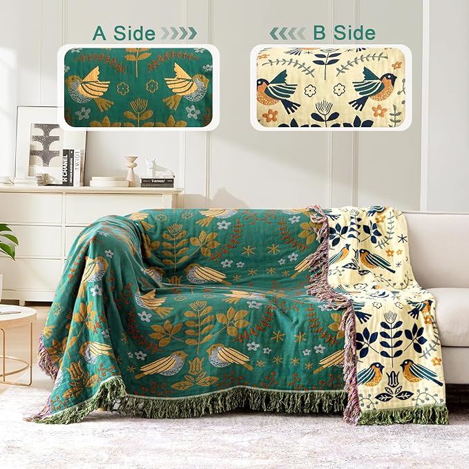 Boho Throw Blanket 50"x60", Soft Cozy 100% Cotton Blanket for Bed, Spring Blankets with Floral Bird Farmhouse Decor Breathable Lightweight King Size All Season