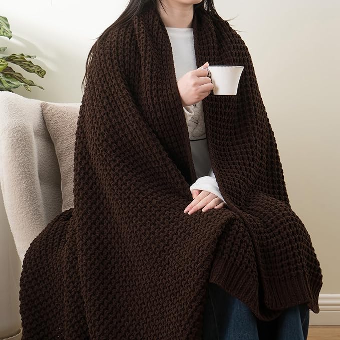 Bunnikins & Clover Dark Brown Throw Blanket for Couch, Soft Chenille Knit Throw Blanket for Home Decor, Decorative Chocolate Brown Blanket for Bed, Living Room, 60"x80"