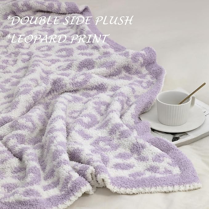 bearberry Fuzzy Leopard Knitted Throw Blanket Soft Cozy Warm Microfiber Blanket for Couch Sofa Bed Travel (Purple/Cream, 40"x50")