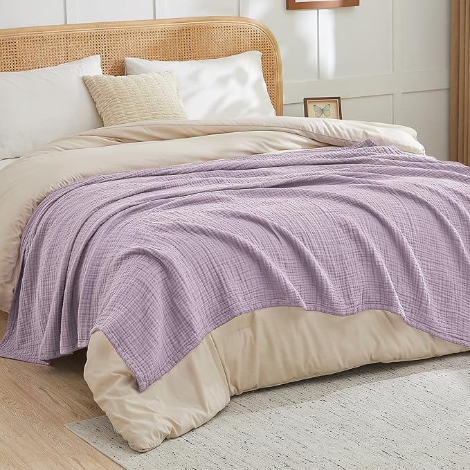 EMME Cotton Muslin Twin Blanket Breathable Gauze Soft Lightweight Adults Gifts for Women (Heather Lavender, 60"x80")