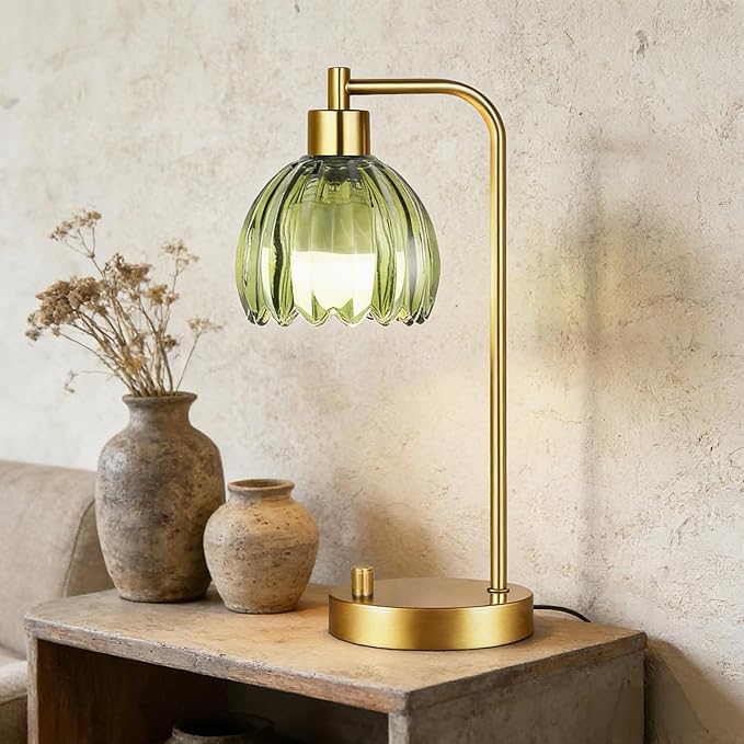 Green Table Lamp Set of 2,Small Glass Bedside Lamps Dimmable Boho Bedroom Lamp with Tulip Flower Lamp Shade,Gold Vintage Mid Century Modern Mini Nightstand Lamp for Bedroom Living Room