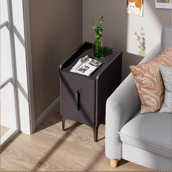 VICITON Narrow Nightstand with 2 Drawers, Narrow Side Table Leather Surface, Slim Bedside Table for Bedrooms, Study, Living Rooms, Small Space (Dark Gray, 15.7" D x 11.8" W x 22.4" H)