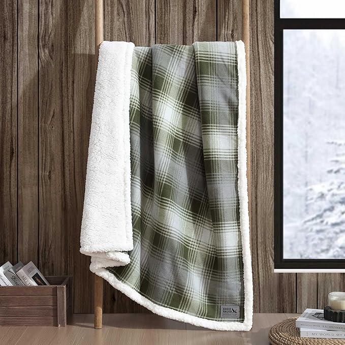 Eddie Bauer - Throw Blanket, Brushed Fleece & Plush Sherpa Bedding, Throw Blanket for Couch & Bed (Nordic Plaid Green, 50" x 70")
