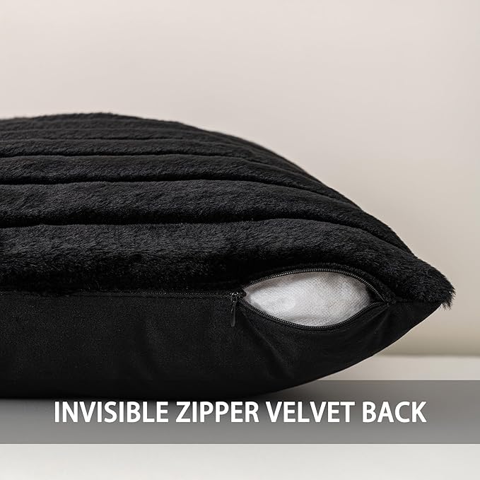Aegero Pack of 2 Faux Fur Christmas Throw Pillow Covers 18x18 Inch, Soft Plush Striped Neutral Couch Pillow Cover, with Velvet Back Modern Home Decor for Sofa Living Room Couch Bed Black