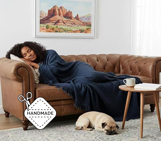 KyraHome Muslin Blankets for Adults, Kids, 60"x80", 100% Organic Cotton Large Cotton Throw Blankets for Couch, Plant Dyed Breathable Lightweight Gauze Blankets, All Season (Navy Blue)