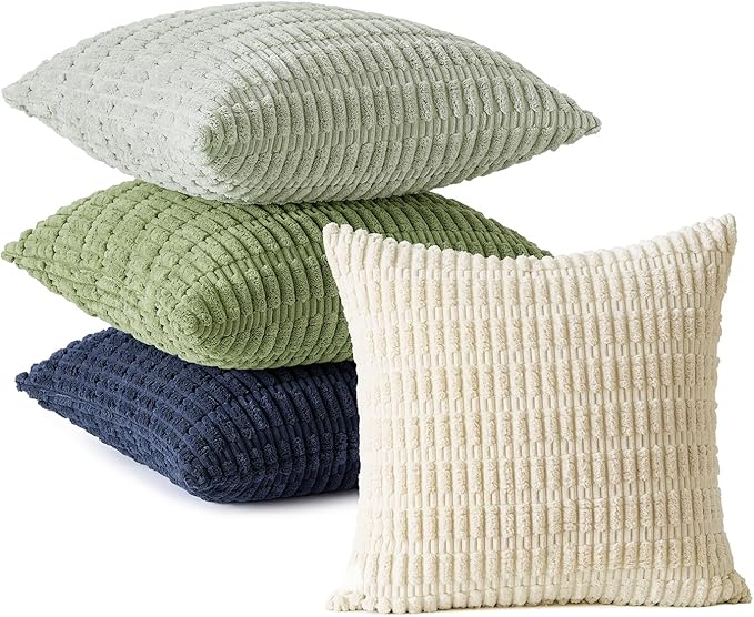MIULEE Soft Corduroy Spring Throw Pillow Covers Set of 4 Green Blue 18x18 Inch Modern Farmhouse Boho Decorative Accent Cushion Covers for Couch Sofa Bedroom