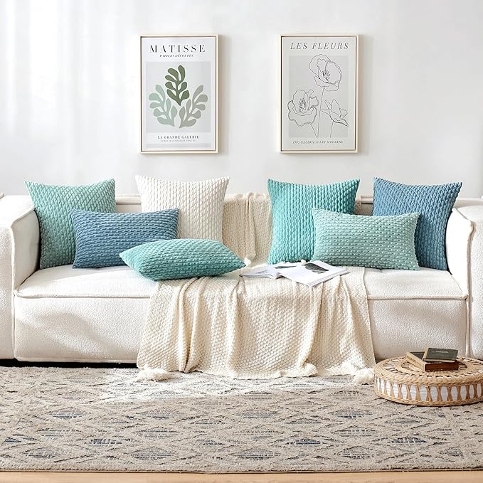 MIULEE Pack of 2 Decorative Throw Pillow Covers 16x16 Inch Soft Boho Striped Textured Corduroy Pillow Covers Modern Farmhouse Home Decor for Couch Bed Sofa Living Room Aqua Green