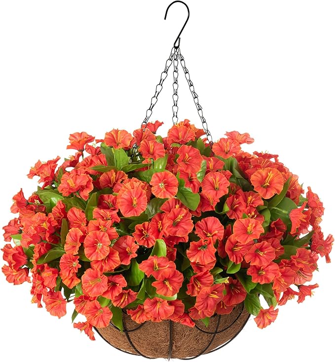 Artificial Hanging Flower Plants with Basket for Summer Autumn Outdoor Decoration, Faux Petunias Flowers Fake Morning Glories Planter for Outside Patio Garden Porch Balcony Yard Decor(Orange)