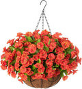Artificial Hanging Flower Plants with Basket for Summer Autumn Outdoor Decoration, Faux Petunias Flowers Fake Morning Glories Planter for Outside Patio Garden Porch Balcony Yard Decor(Orange)