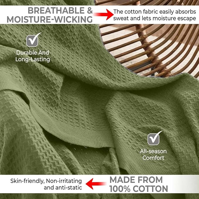 100% Cotton Blankets for Bed - Waffle Weave Blankets for Summer, Lightweight and Breathable Soft Woven Blanket for Spring (Olive Green, Queen (90" x 90"))
