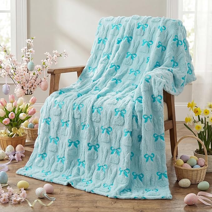 Horaldaily Easter Solid Blanket Throw, Blue Rabbits Bow Soft Fuzzy Plush Faux Fur Cozy Blankets for Couch Sofa Bed Lounging, Ideal Gifts for Kids Adults Wife Self, 60x80