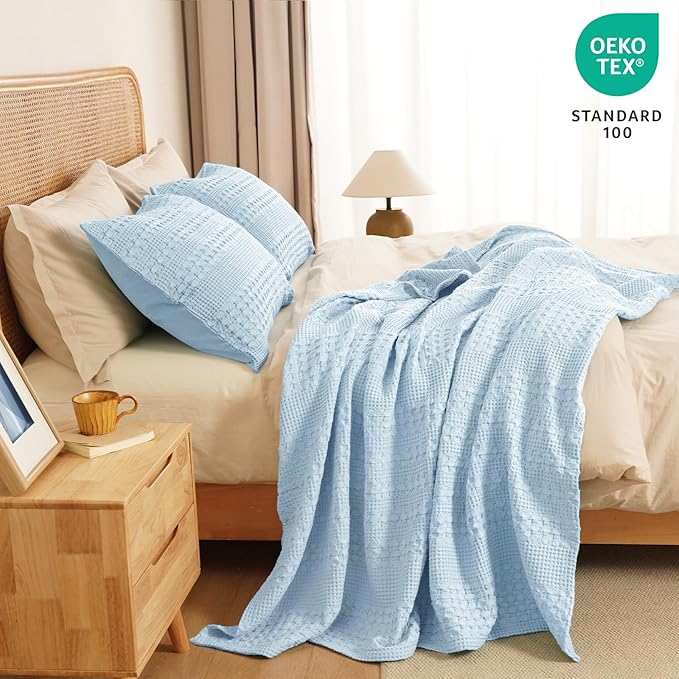 PHF 100% Cotton Waffle Weave Throw Blanket, Soft Lightweight Breathable Cozy Throws for Couch Bed Sofa, Luxury Aesthetic Blanket Gift for Home Decor & Office, 50"x60", Baby Blue