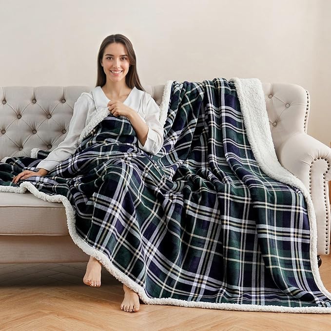 Sherpa Fleece Throw Blanket for Couch, Fluffy Plush Warm Fuzzy Blanket for Women and Men, Cozy Thick Soft Twin Blanket for Bed(Green-Soft Blue, 80"*90")