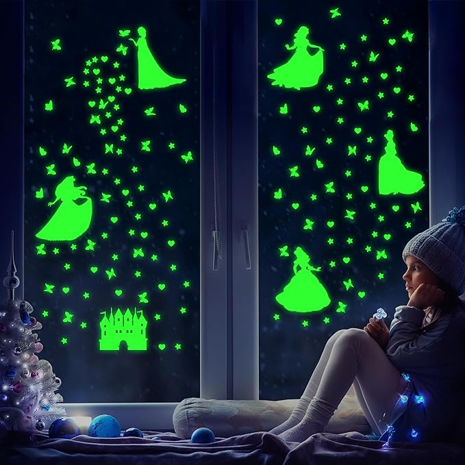 Glow in The Dark Princess Castle Wall Sticker, Self-Adhesive Star Butterfly Wall Decal for Girl's Room, Fluorescent Sticker for Ceiling Nursery (Green)
