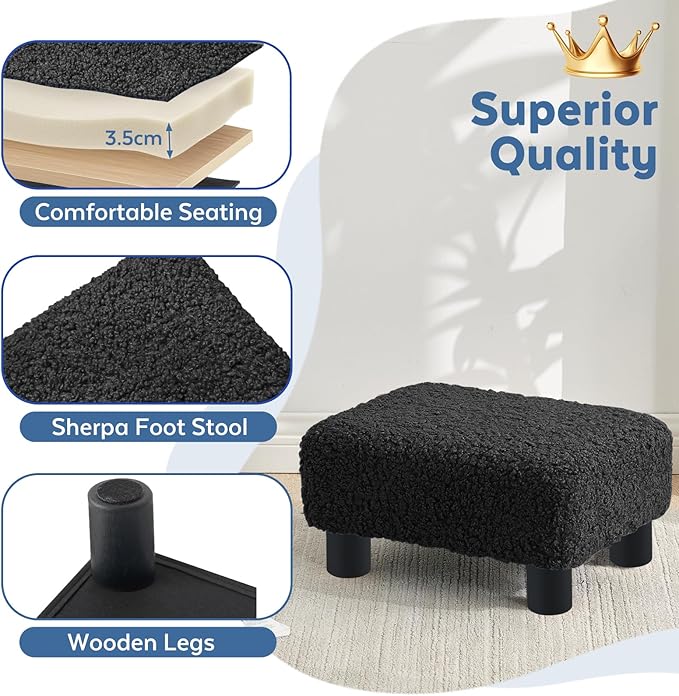 BRIAN & DANY Small Foot Stool Ottoman, Footstool with Legs, Sherpa Foot Rest for Couch, Foot Stools Small for Living Room, Bedroom and Office, Black