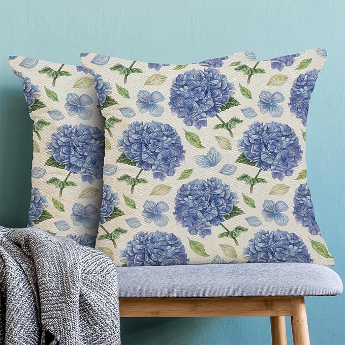 AEIOAE Spring Floral Pillow Covers 18x18 Inch Set of 2, Blue Green Hydrangea Flower Leaves Throw Pillows Case,Summer Outdoor Seasonal Decorative Farmhouse Decor Cushion Covers for Home Sofa Bed Couch