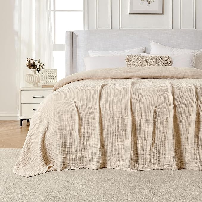 Joydeco 100% Cotton Muslin Throw Blanket for Couch Bed and Sofa, 4-Layer Lightweight and Breathable Soft Gauze Blanket for All Season, Luxury Throws Cotton Blanket Gift(Light Tan, 90"x90")
