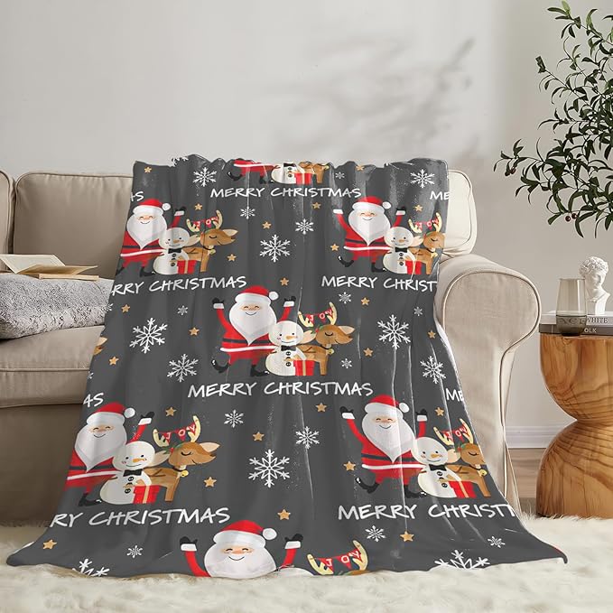 Snowman Santa Claus Throw Blanket for Girls Boys Women Men Kids Adults Soft Flannel Fleece Blanket for Couch Sofa Bed Home Decor 60"x80"