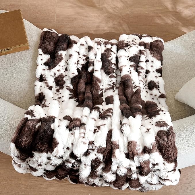 Wajade Fluffy Faux Fur Throw Blanket for Couch Bed 50x60, Luxury Soft Thick Fuzzy Plush Bubble Blanket, Warm Cozy Blanket for Sofa Chair Cow Print-Dark Brown