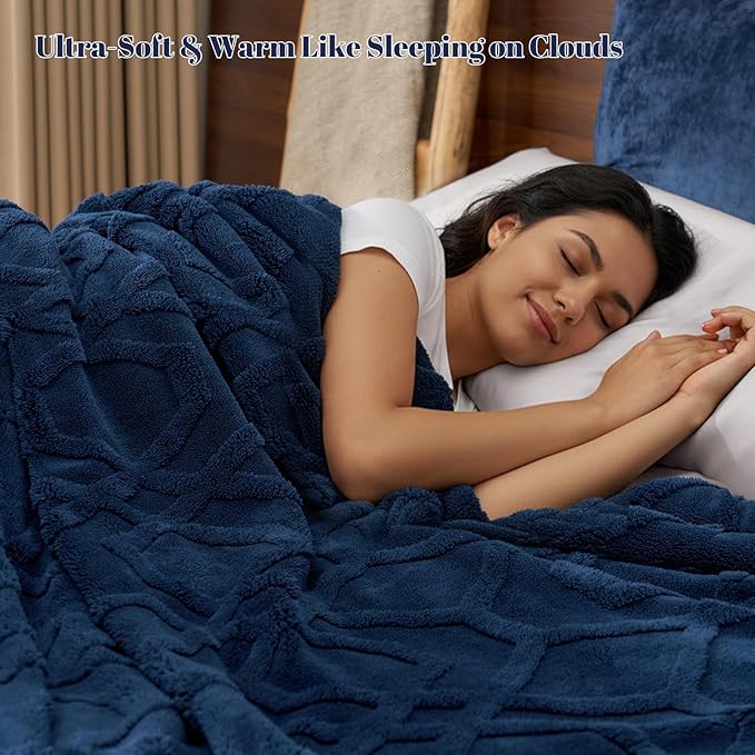 PHF Fluffy Sherpa Fleece Blanket Twin Size for Winter, Warm and Cozy, 510GSM 3D Tufted Shaggy Fleece Blanket for Sofa Bed, Navy Blue, 60"x80"