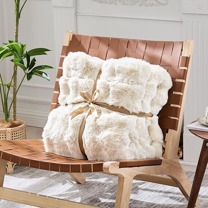 Luxury 1000GSM Faux Rabbit Fur Throw Blanket, Super Heavy Warm Cozy Blankets for Couch Bed Sofa, Bubble Plush Fuzzy Elegant Soft Reversible Mink Blanket for Living Room Bedroom, Cream White