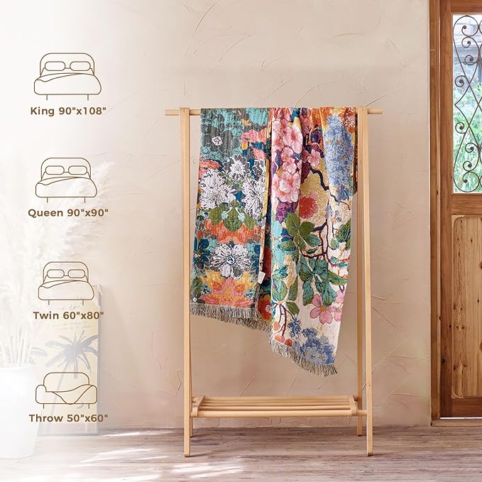 Boho Throw Blanket for Couch Sofa Chair Cotton Spring Blankets for Bedroom Living Room All Season Soft Lightweight Reversible Floral Embroidery Breathable Decorative Throws 50"x60"