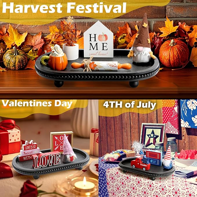 SYNCVIBE Wooden Decorative Tray for Home Decor, Beaded Black Oval Tray Decor for Coffee Table, Rustic Wood Serving Trays Farmhouse Centerpieces for Living Room Kitchen Counter (Black Oval)