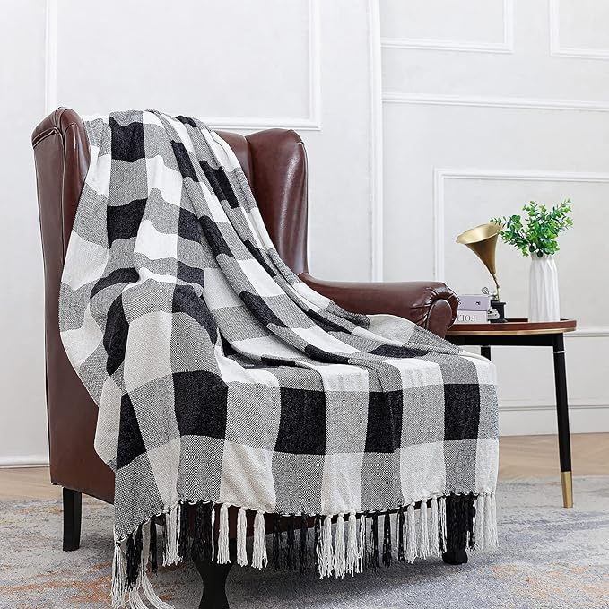 Black White Buffalo Plaid Decor Blanket, Lightweight Soft Chenille Check Knitted Rustic Farmhouse Throw with Tassels for Couch Sofa Chair Bed Office Home, Black and Ivory, 50" x 60"