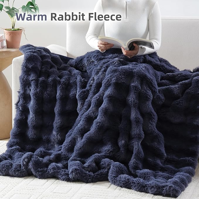 Smoofy Faux Fur Throw Blanket for Couch – Navy Blue Fluffy Cozy Rabbit Fleece, Plush Soft Bubble Blanket for Sofa & Bed, for Mom, Warm Fuzzy Home Room Decor Throw 60" x 80"