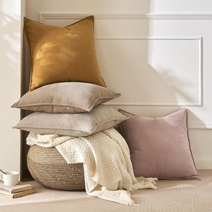 MIULEE Pack of 2 Khaki Decorative Pillow Covers 18x18 Inch Soft Chenille Luxurious Couch Throw Pillows Farmhouse Cushion Covers with Elegant Design for Sofa Bedroom Living Room Home Decor