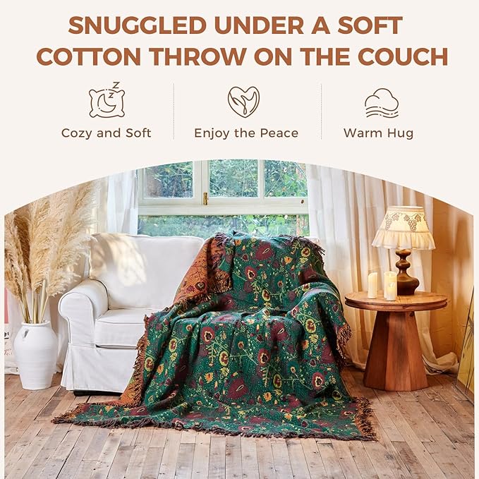 Boho Throw Blanket for Bed 100% Cotton Soft Quilt Home Livingroom Decor Spring Bed Blankets,Floral Reversible All Season Breathable Throw for Sofa Couch Chair 80"x90"