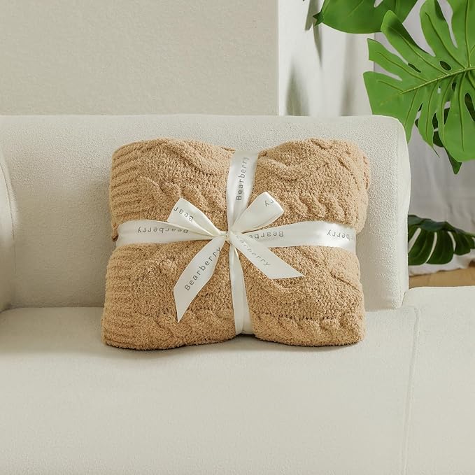 bearberry Plush Fleece Blanket Ultra Cozy & Warm Cable Knit - Machine Washable Throw for Living Room, Bedroom, Office | Lightweight Fuzzy Blanket for Adults, Kids, Pets (Camel, 50”x60”)