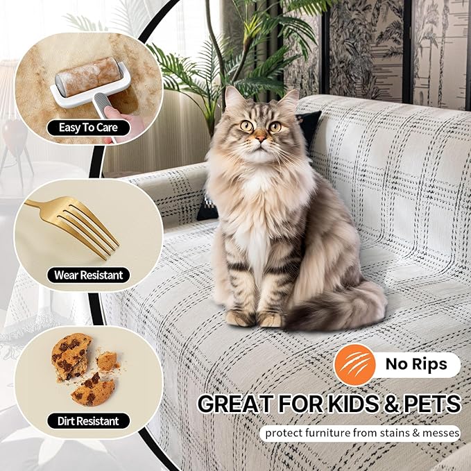 HANDONTIME Couch Cover for Sofa Washable, Checkered Sofa Cover Chic Geometric Design, Pet-Friendly Chenille Furniture Cover for Dogs & Cats Plaid Slip Covers for 3 Cushion Couch (White 71"x150")