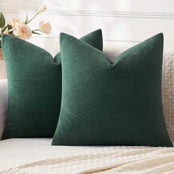 MIULEE Dark Green Couch Pillow Covers 18x18 Inch, Set of 2 Soft Chenille Decorative Square Throw Pillow Covers Farmhouse for Sofa Living Room Bed