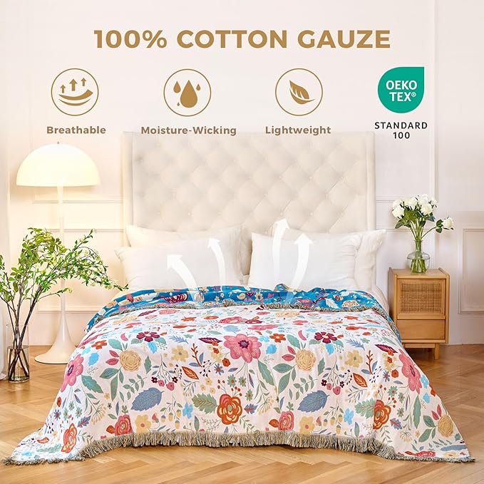 Boho Throw Blanket for Couch Sofa Chair Cotton Spring Blankets for Bedroom Living Room All Season Soft Lightweight Reversible Floral Embroidery Throws 50"x60" Bohemian Room Decor