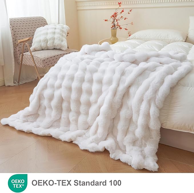 LIFEREVO Luxury Fluffy Faux Rabbit Fur Throw, Plush Fuzzy Bubble Blanket for Couch Sofa, Soft Cute Furry Bed Blanket Home Decoration, Shaggy Lap Throw for Bedroom Living Room Office, 50x60, White
