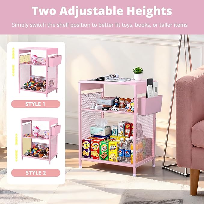 Kids Nightstand, 3-Tier Metal Side Table with Adjustable Storage Shelf, Basket & 3 S-Hooks, Small Bedside Table for Nursery, Toddler Bedroom and Small Spaces (Pink)