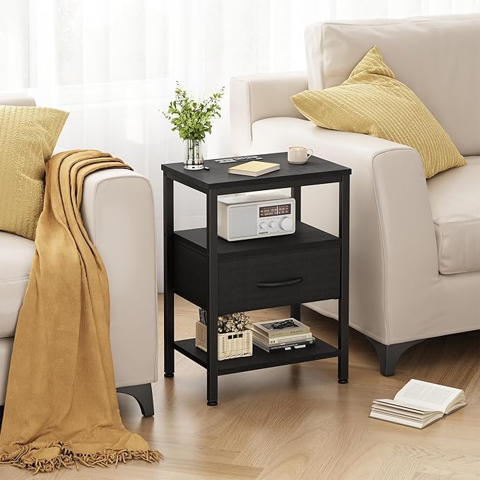 DUMOS Bedside Table with Charging Station and Adjustable Fabric Drawer Compact Nightstand 3-Tier Storage Organizer End Table for Bedroom,Black