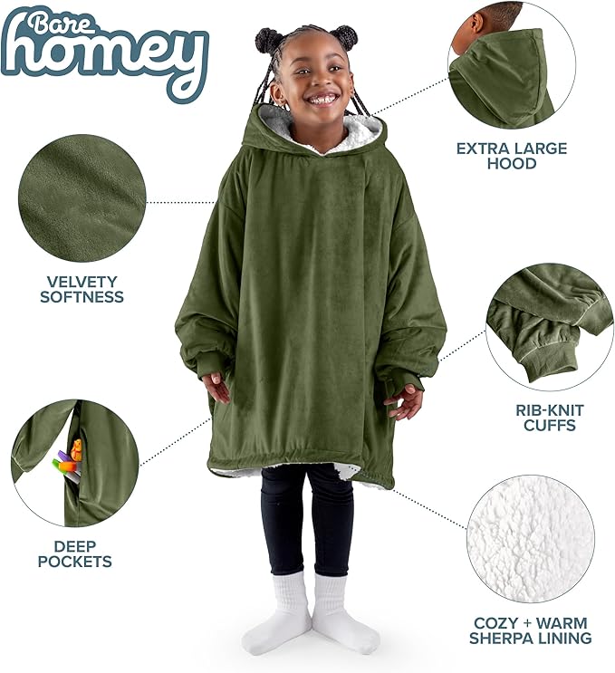 Bare Home Wearable Blanket Hoodie - Soft Plush Sherpa - Warm and Cozy - Oversized Wearable Blanket - Adult & Kid Sizes