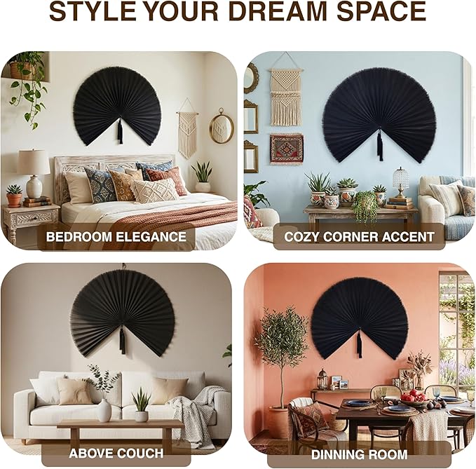 Chicvillage Bamboo Wall Fan Decor - 47” Handmade Woven Bamboo Wall Hanging Fan, Large Japanese Fan Wall Decor for Above Bed, Boho Natural Asian Wall Art, Lightweight & Easy to Hang (Black)