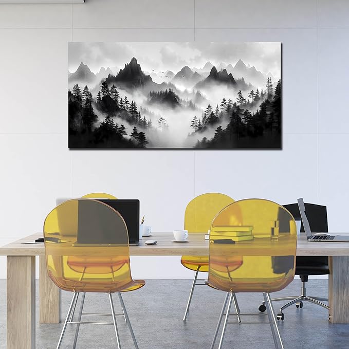 Forest Pictures Wall Art for Living Room Large Size - Mountain Landscape Art Wall Decor for Bedroom - Black and White Canvas Wall Art Size 29" x 59"