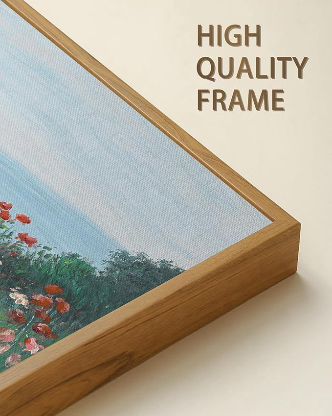 SHENIFY Vintage Framed Wall Art Coastal Wildflower Field Poppy Flower Landscape Scenery Home Decor Retro Decorations for Farmhouse Bedroom Ready to Hang Wall Artwork - 20x40in Natural Framed