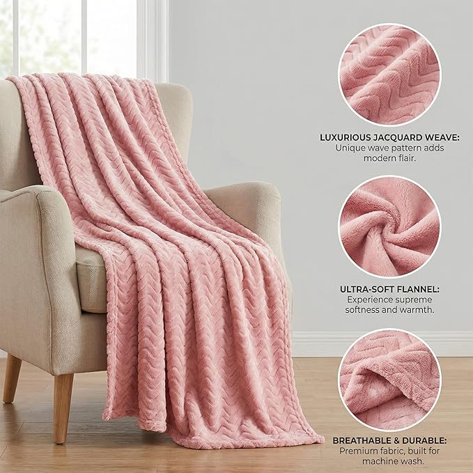 Exclusivo Mezcla Queen Blanket for Bed, Cozy Lightweight Fleece Blankets for All Season, Decorative Giftable Fuzzy Plush Wave Textured Suitable for Women, Men, Pink, 90x90 Inches